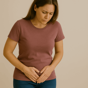 Woman holding bladder in discomfort.