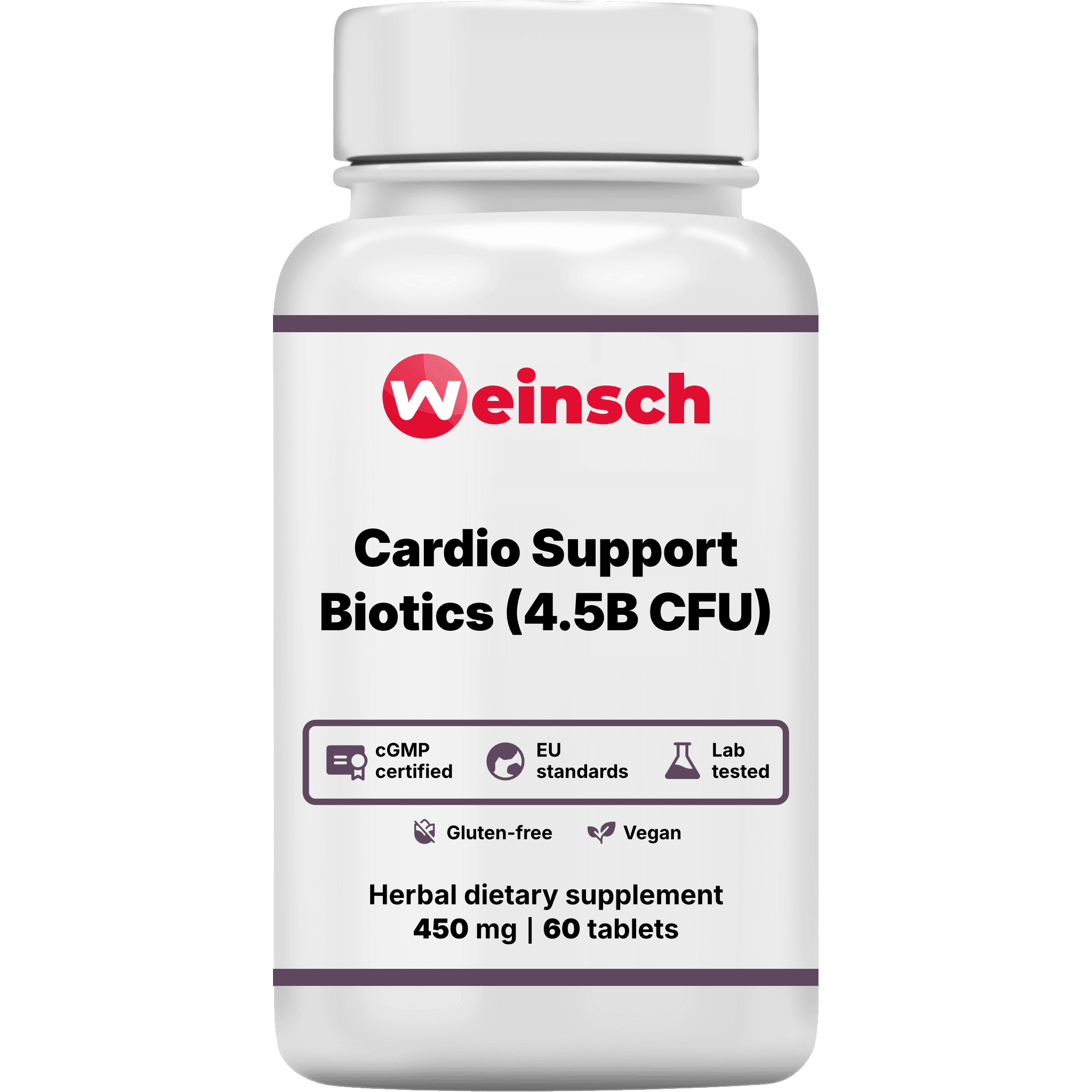 Cardio support biotics 4 5b cfu packaging bottle WHE.png