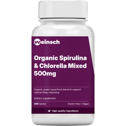 Organic spirulina chlorella mixed 500mg packaging bottle.png