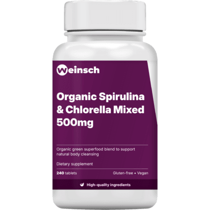 Organic spirulina chlorella mixed 500mg packaging bottle.png